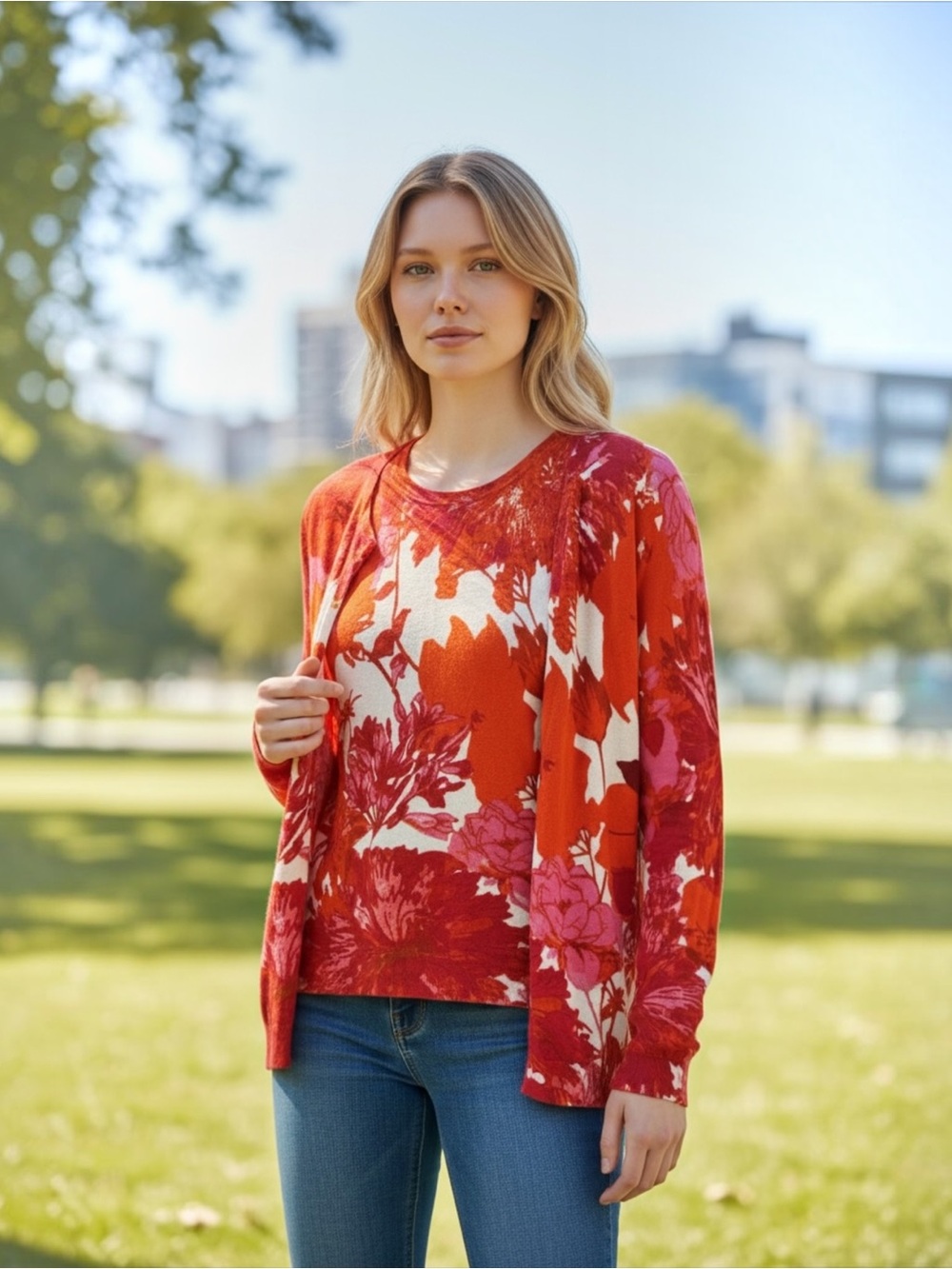 Jones New York Crewneck Floral Cardigan Twin Set Orange Pink 2PC Size Large XL